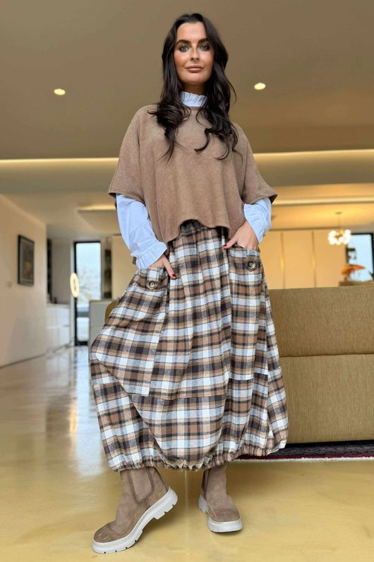 Roberta Plaid Brushed Cotton Balloon Hem Skirt Camel